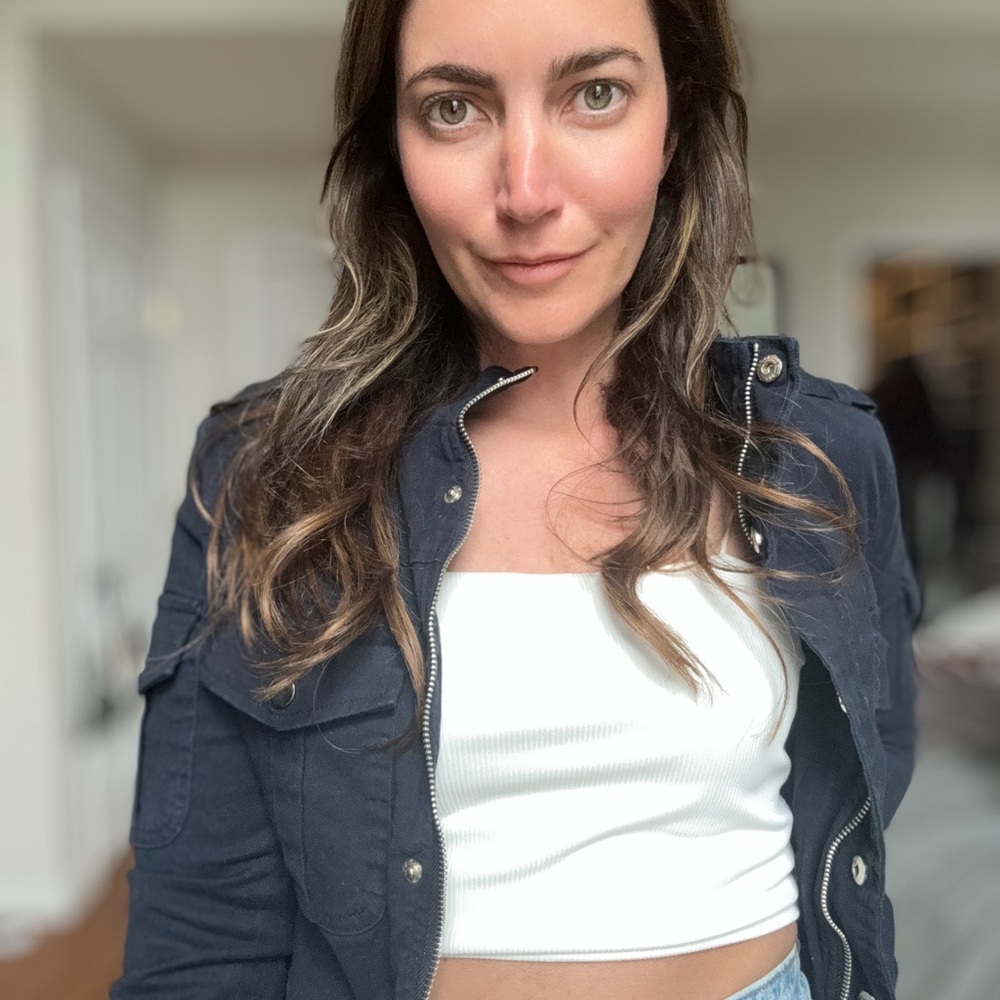 Navy Jacket with White Crop Top - Picture 3 of 5